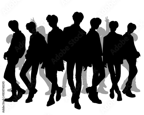 Male idol group silhouette, kpop idol dancing, icon isolated on white background, vector illustration 3