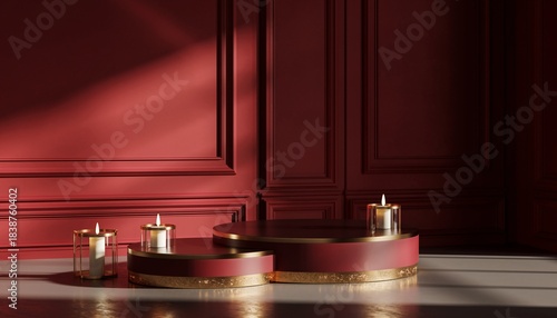 lit candle and luxury red studio with podium display.