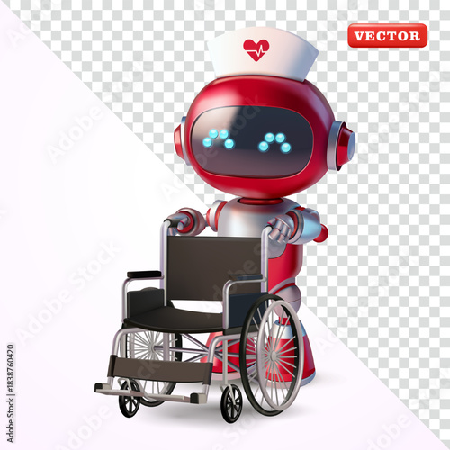 Robot nurse carrying wheelchair, 3D vector. Suitable for technology and healthcare