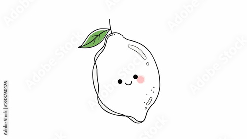 Cute cartoon lemon with a happy face and a leaf.