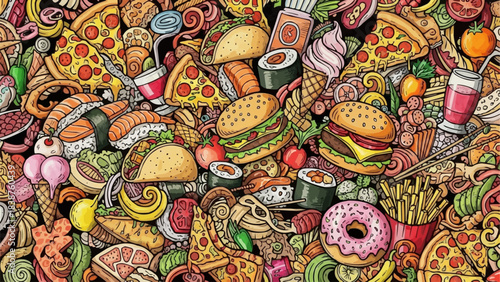 A vibrant collage of delicious fast food and sweet treats.