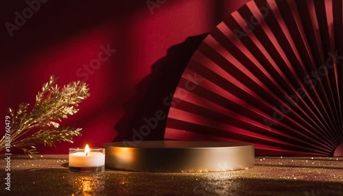 lit candle and luxury red studio with podium display.