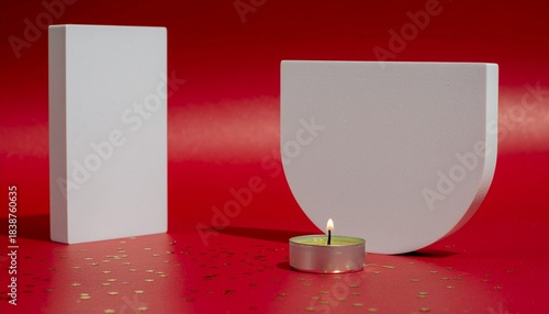 lit candle and luxury red studio with podium display.