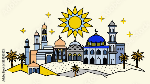 Vibrant Stylized Desert City Illustration with Mountains and Sunset