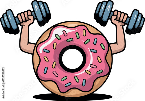 Cartoon donut lifting blue dumbbells with pink frosting and sprinkles doughnut weights