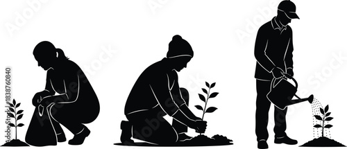 Set of black vector silhouettes featuring a man and woman planting young trees and watering saplings, isolated on a white background.