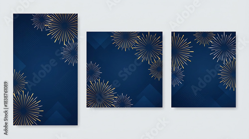 Happy New Year 2026 and Merry Christmas corporate blue social media backgrounds with fireworks - Templates for company marketing stories, square, portrait posts