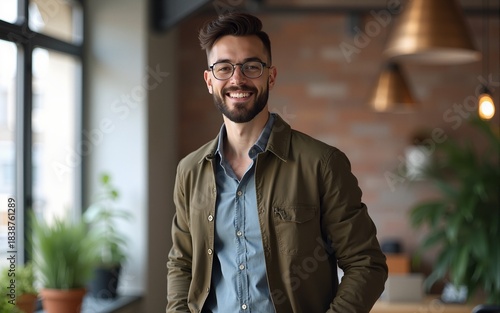 Wallpaper Mural Confident and smiling handsome hipster man standing in the office. High quality Torontodigital.ca