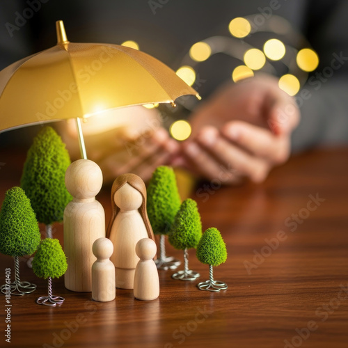 Family Protection and Security Under Golden Umbrella with Bokeh Lights.