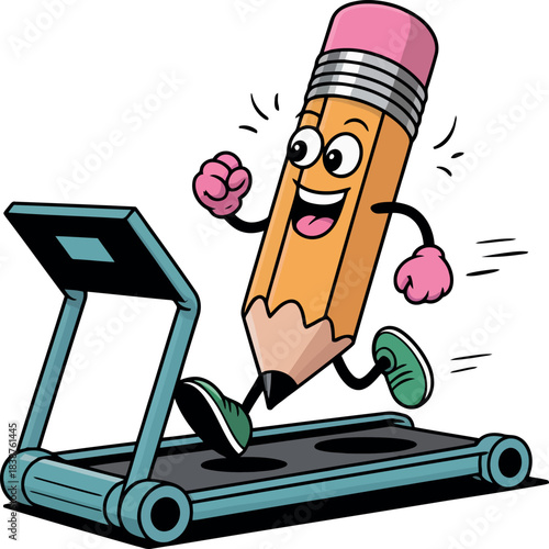 Cartoon pencil character running on a treadmill with pink eraser vector