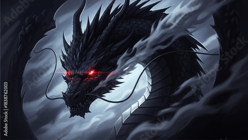 black and white image of a black dragon