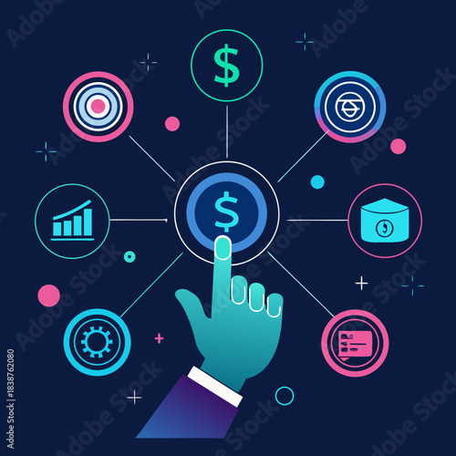 Hand touching dollar coin connecting to financial icons isolated on transparent background