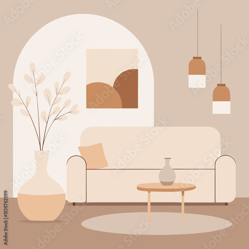 Cozy living room scene with sofa and plant isolated on transparent background