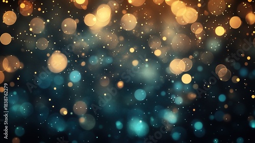Wide banner with golden and teal bokeh lights on dark background, glowing particles and copy space, luxurious elegant vibe, perfect for New Year’s Eve and special events, modern digital art style.