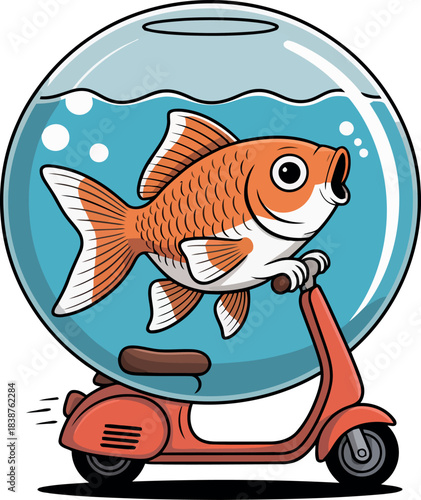 Orange goldfish in a fishbowl riding a red scooter moped