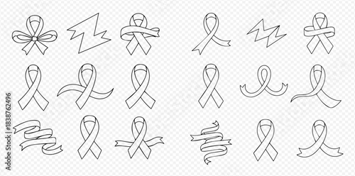 Outline vector set of awareness ribbons, banners, and bows for various causes and celebrations, isolated on a transparent background.
