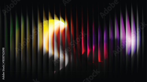 Abstract colorful background with bright rainbow spectrum waves and digital equalizer lines on a black texture backdrop for a modern music and sound motion design wallpaper vector illustration