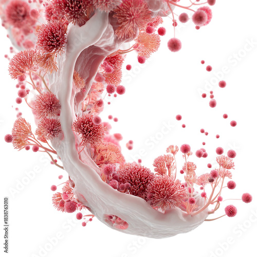 Curved Flowing Tissue with Emerging Red and Pink Polyps, Abstract Cellular Regeneration Concept