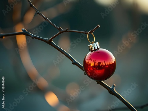 A lone bauble rests askew on a forgotten branch, soft focus, tilted perspective,  bauble,  abstract