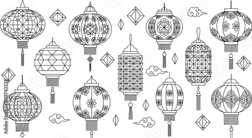 Set of decorative Chinese lanterns line art vector illustration, traditional hanging lamps with floral patterns and clouds for Asian new year festival celebration