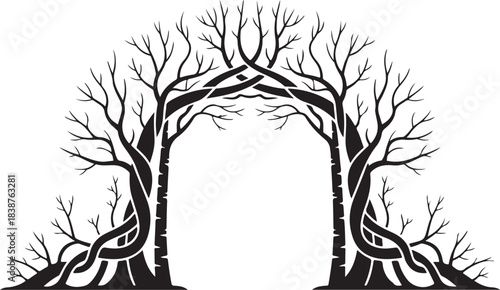 Black bare tree branches forming an archway on white