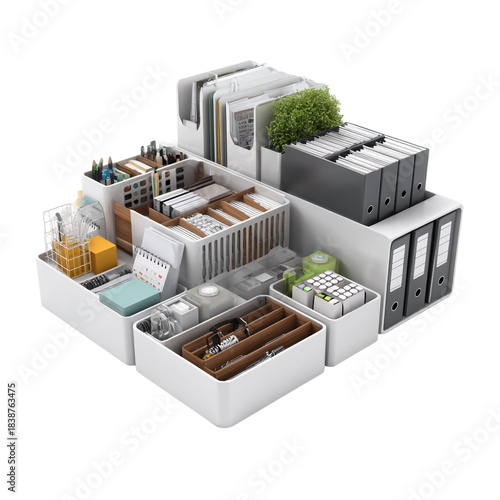 Modern White Desk Organizer System with Filing Boxes, Stationery Tray, and Wood Dividers