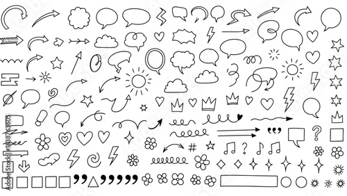 Hand-Drawn Doodle Elements Set: Arrows, Speech Bubbles, Hearts, Stars, and Flowers