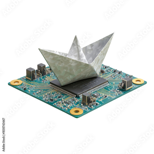 Origami Paper Boat Sailing on a Computer Chip and Circuit Board