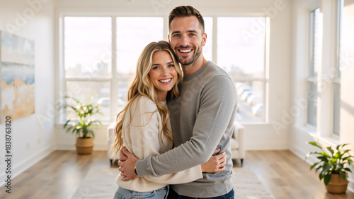 Happy young couple hugging in their new empty apartment. Smiling homeowners standing in bright living room. Real estate and moving concept