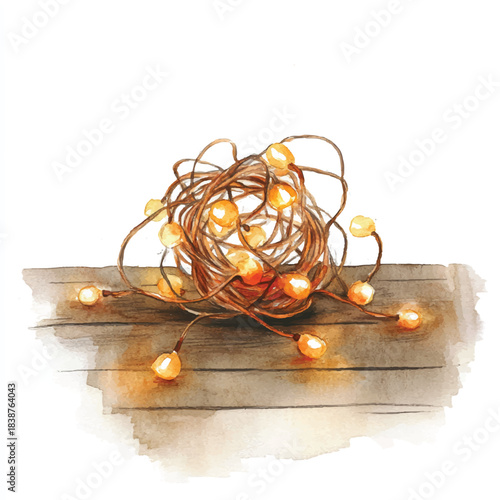 String lights tangled on a wooden surface creating a warm glow.
