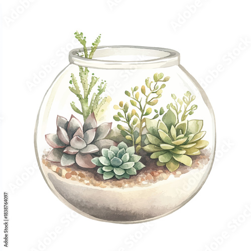 Succulent Terrarium Watercolor Illustration in Glass Bowl.