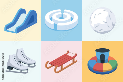 Winter recreation illustration set featuring ice skates sled rink snow textures cold season outdoor activity flat vector design elements