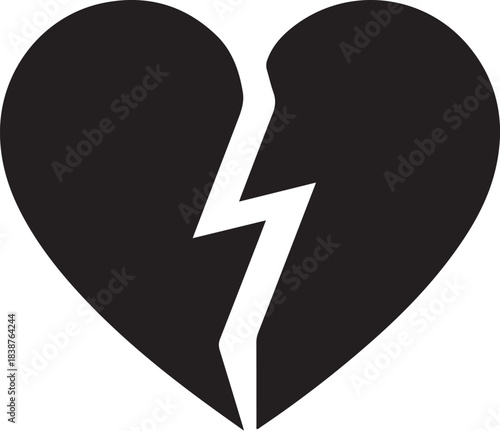 Black broken heart symbol with white crack love
