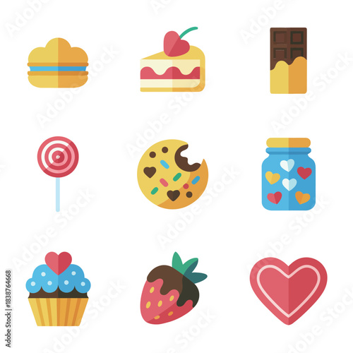 Sweet dessert icon set, cakes cookies chocolate candy jars, bakery celebration elements, joyful party event, colorful flat vector illustration