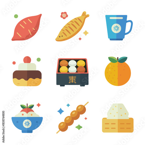 Festive comfort food illustration pack, hot tea dumplings sweets fruits, cultural winter celebration symbols, cheerful flat vector design
