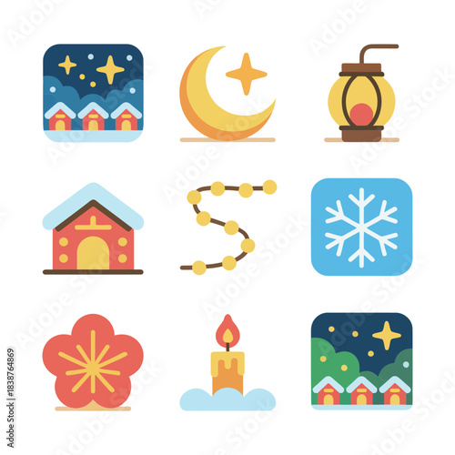 Night winter festival icon collection, moon stars lanterns candles houses, peaceful seasonal celebration graphics, modern flat vector