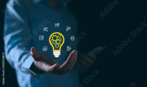 Business technology solution, digital network concept, man with light bulb infographic diagram of new ideas, information technology icons. data connection, business communication process.