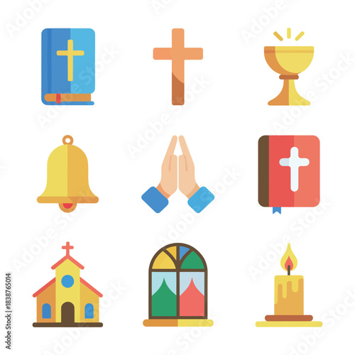 Faith and prayer icon collection, cross bible candle church window, religious celebration symbols, modern flat vector illustration
