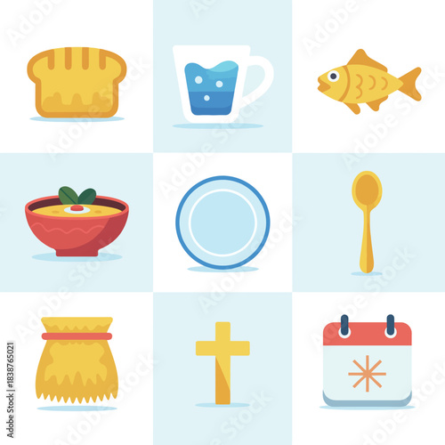 Religious food and ritual icon set, bread fish water plate cross, faith celebration meal elements, modern flat vector illustration