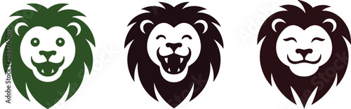 Black and white lion head illustration set featuring roaring, smiling and fierce lion expressions in bold minimalist style for logos and designs