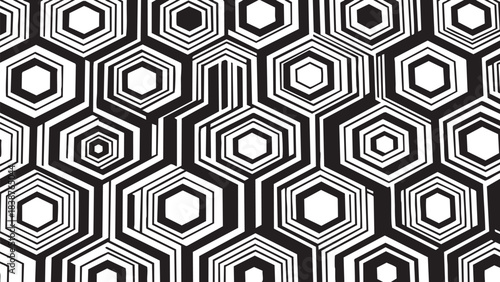 Abstract black and white geometric pattern of concentric hexagons forming a seamless texture or background design