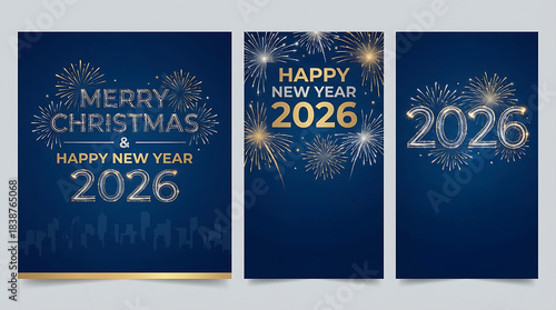 Happy New Year 2026 and Merry Christmas corporate blue social media backgrounds with fireworks - Templates for company marketing stories, square, portrait posts