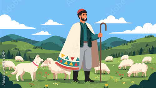 Clad in a patterned cloak, a bearded shepherd holds his staff alongside a loyal white dog while tending to a flock of sheep grazing on lush, rolling hills beneath a bright, cloud-dotted blue sky