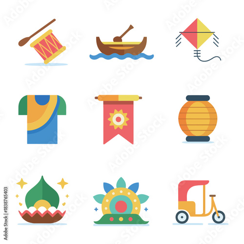 Cultural fair icon collection, boats kites drums lanterns rickshaw, traditional outdoor celebration elements, colorful flat vector