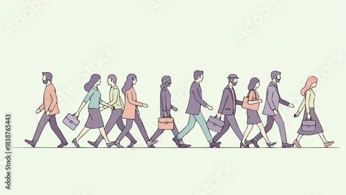 Diverse group of illustrated people walking in a single line.