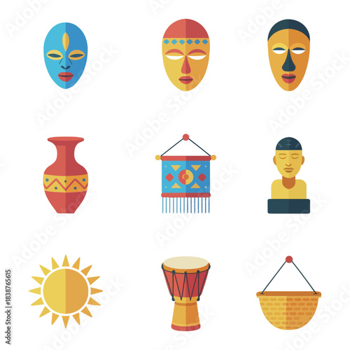 African art illustration pack, ceremonial masks pottery banners baskets, ethnic culture celebration symbols, modern flat vector design