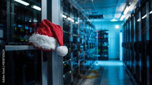 High-tech server room with glowing blue server racks. A bright red Santa Claus hat hangs on one of the metal handles.
