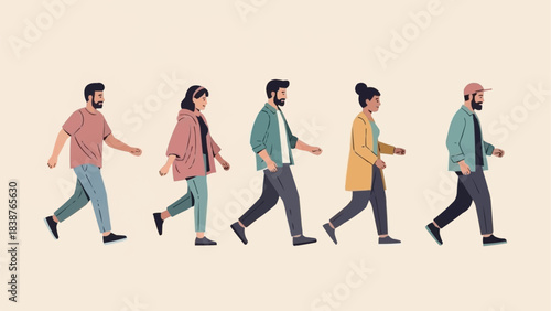 Diverse group of people walking together in casual attire, side view.