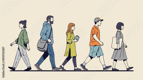 Diverse group of illustrated people walking in a single line.
