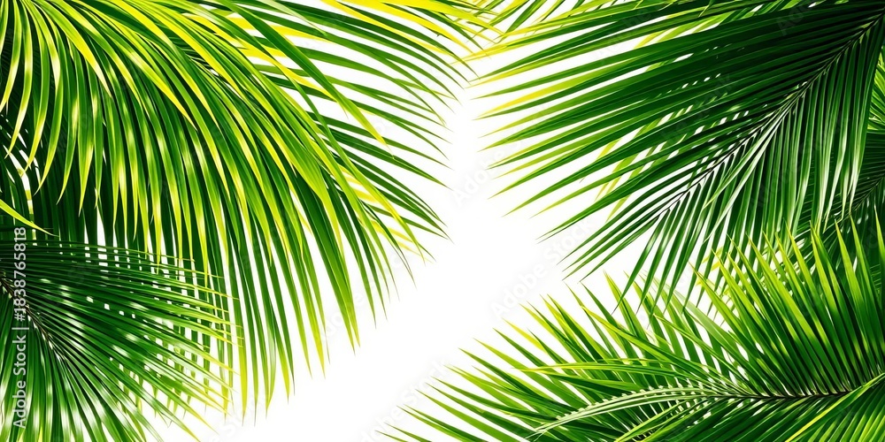 Fototapeta premium Lush green palm leaves form a vibrant, natural frame, green background, nature texture
